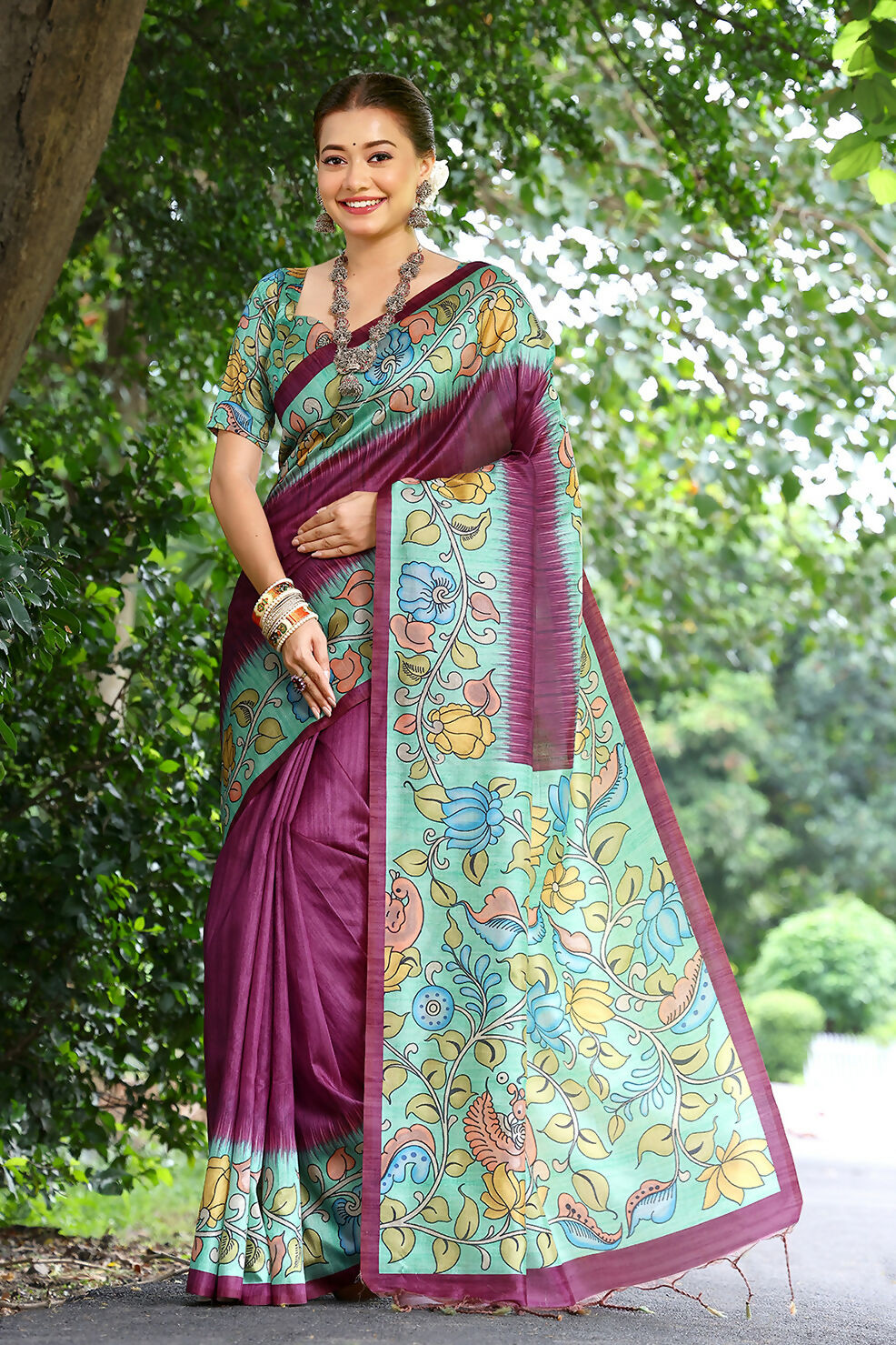Vishnu Weaves Women's Wine Cotton Silk Woven Saree with Blouse - Swadesiicart