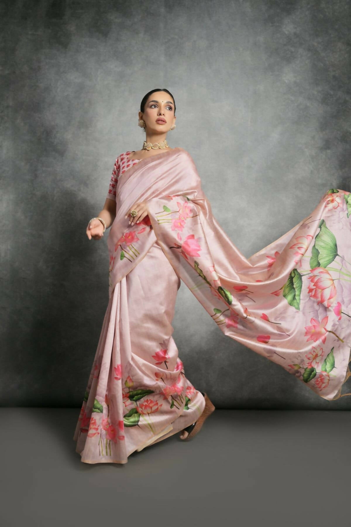 Vishnu Weaves Women's Pink Soft Tussar Silk Printed Saree with Blouse - Swadesiicart