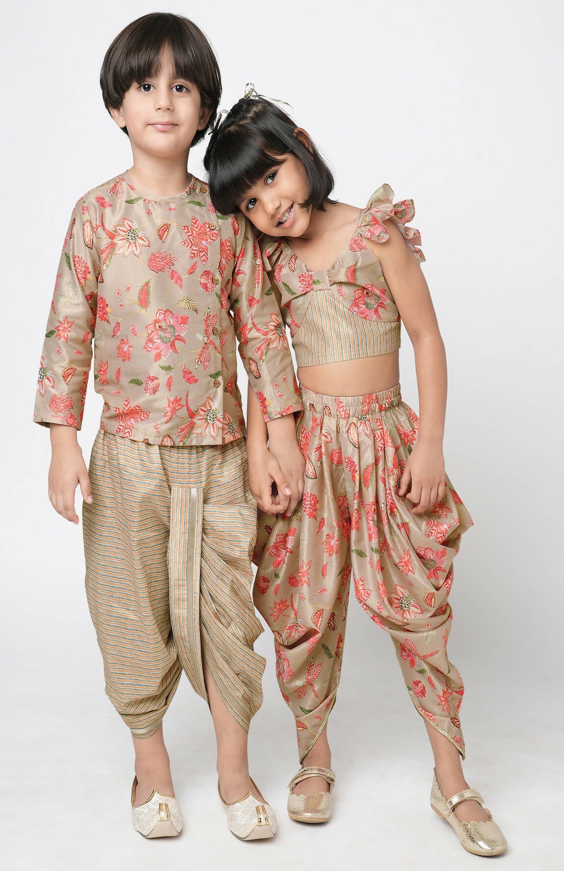 Lil Drama Golden Weaves Beige Crop Top With Dhoti Co-Ordinate Set - Swadesiicart