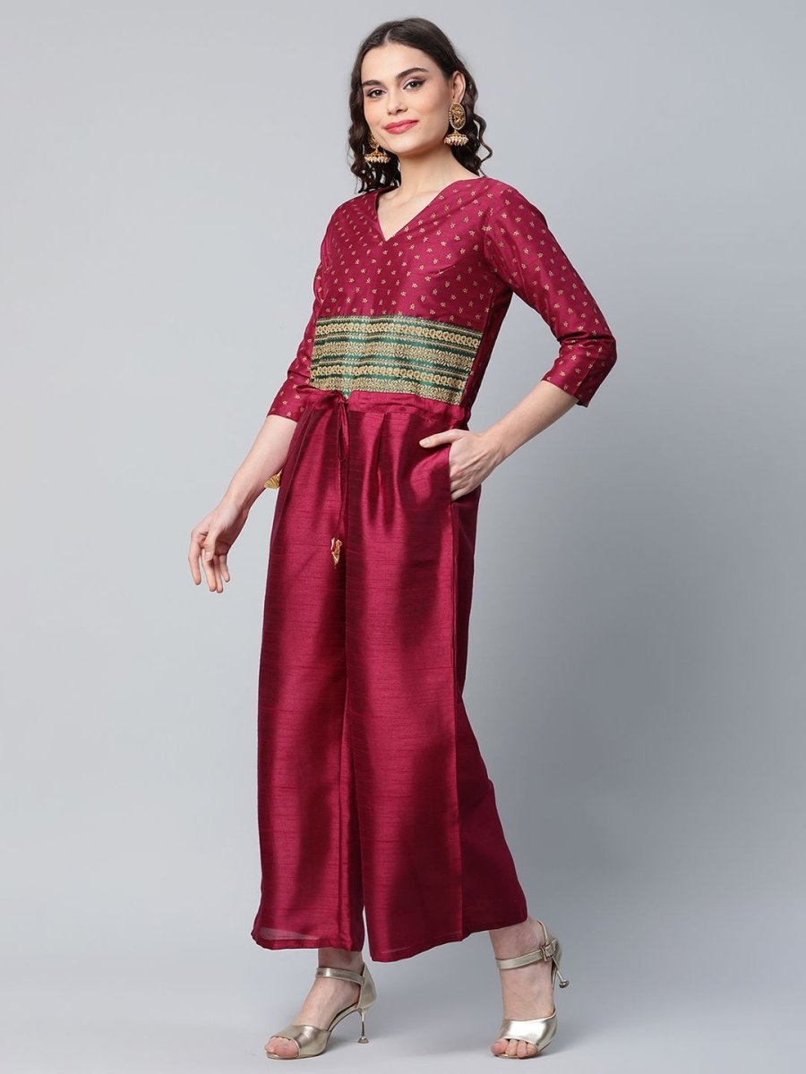 Ahalyaa Womens Burgundy crepe Printed Jumpsuit | Swadesiicart