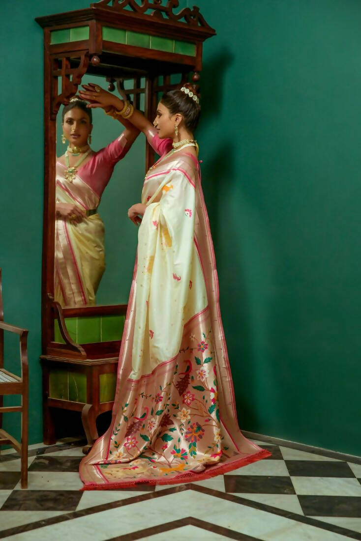Vishnu Weaves Women's Cream Paithani Silk Zari Woven Saree with Unstitched Blouse - Swadesiicart