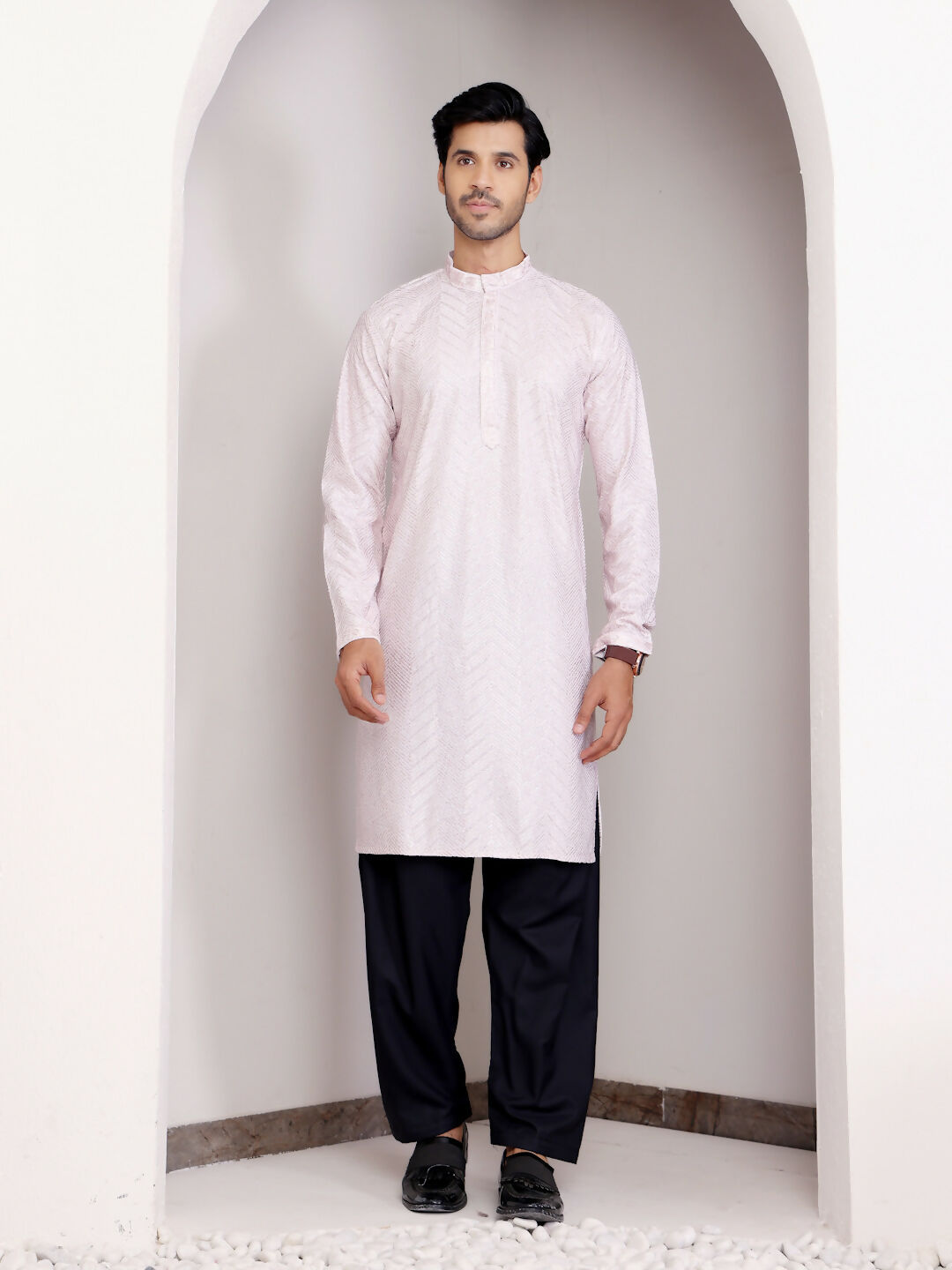 Light Pink Georgette Designer Chikankari Embroidery Work Men's Kurta - Mahotsav | Swadesiicart