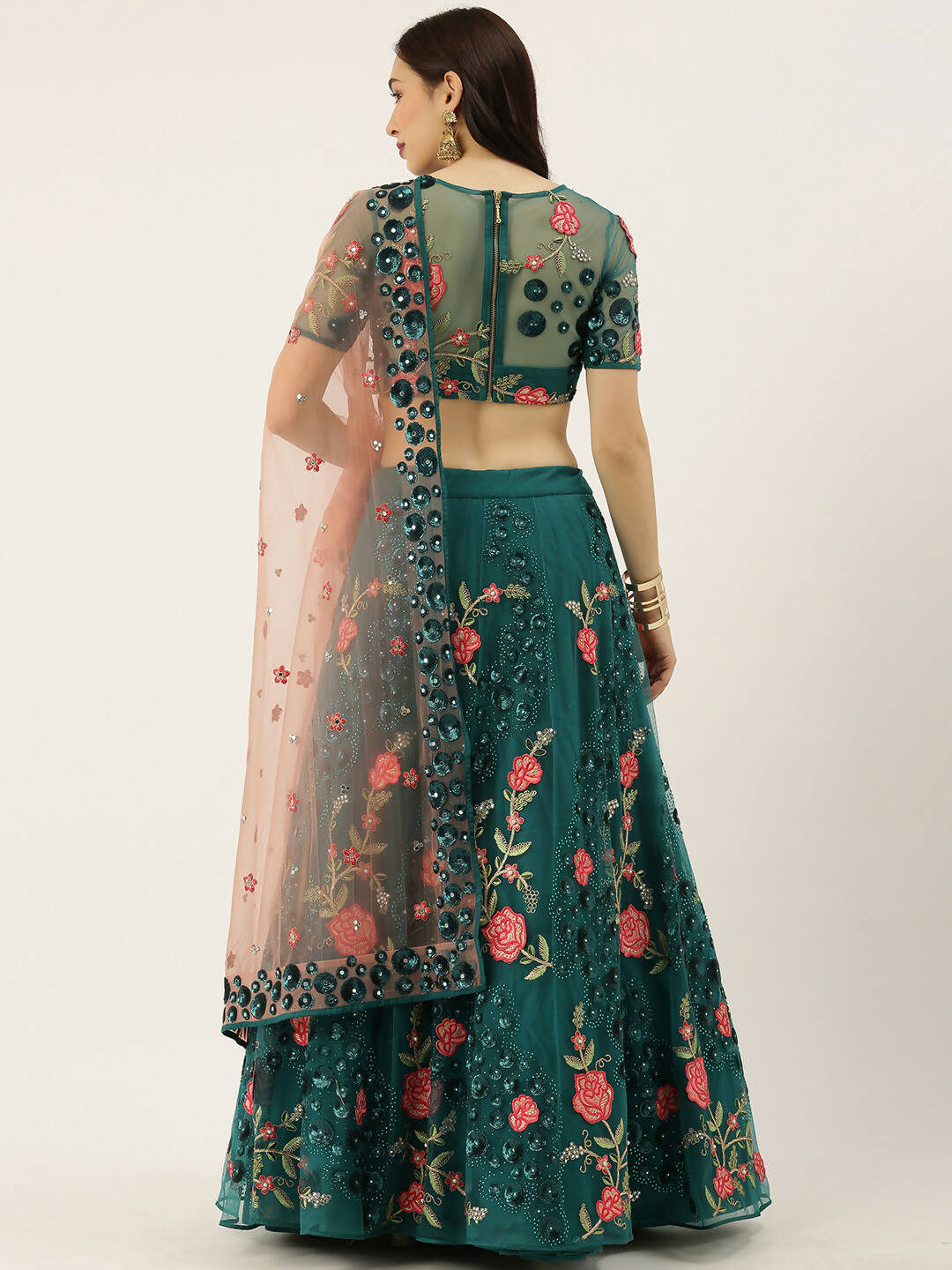 House of Panchhi Teal Net Semi stitched Coding, Sequins and Saroski Stone Work Lehenga Choli | Swadesiicart