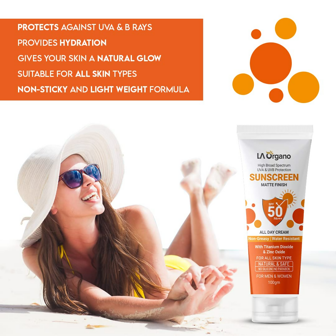LA Organo Sunscreen Matte Finish All Day Cream SPF 50 PA+++ UVA/UVB Protection | Swadesiicart