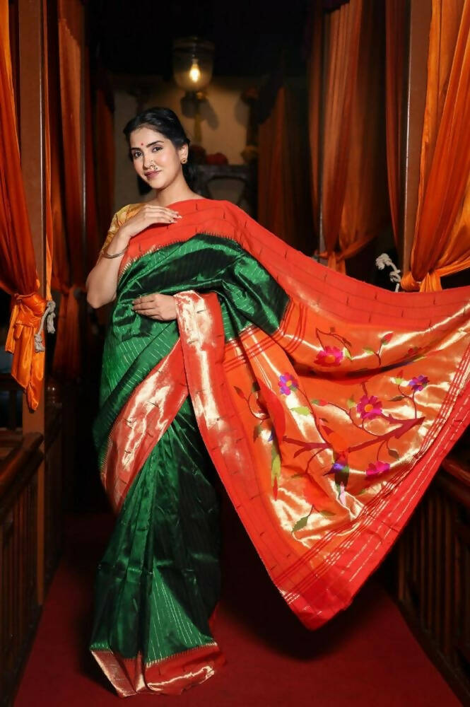 Very Much Indian Triple Muniya Border Paithani- Authentic Handloom Pure Silk With Parrots Pallu - Zari Stripes | Swadesiicart