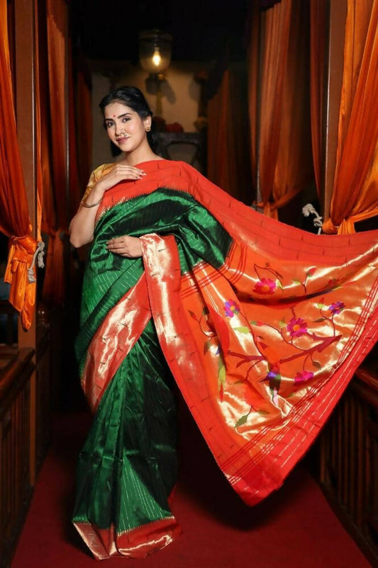 Very Much Indian Triple Muniya Border Paithani- Authentic Handloom Pure Silk With Parrots Pallu - Zari Stripes | Swadesiicart