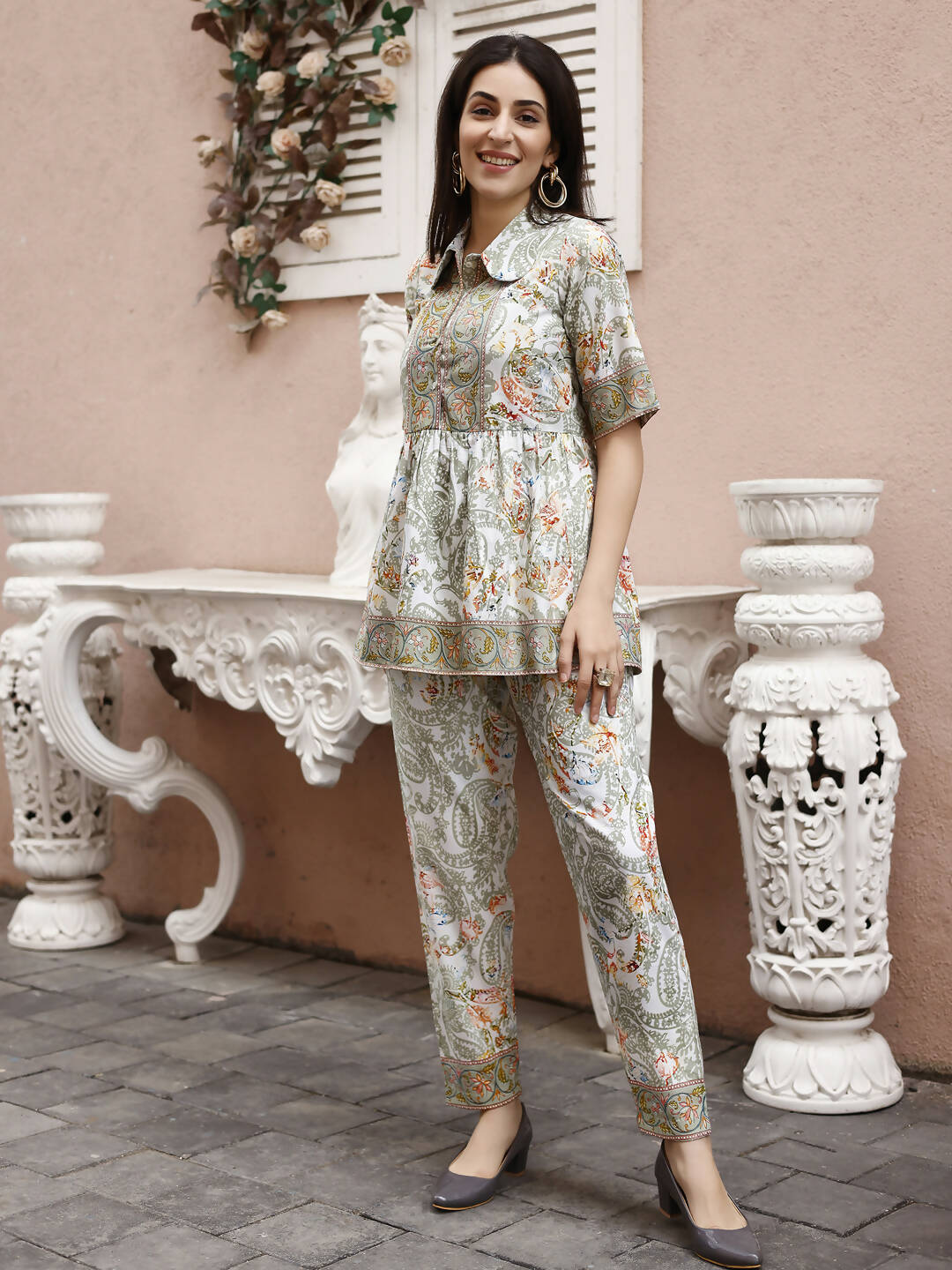 Off White Rayon Paisley Printed Top with Matching Bottom - Eesha - Swadesiicart