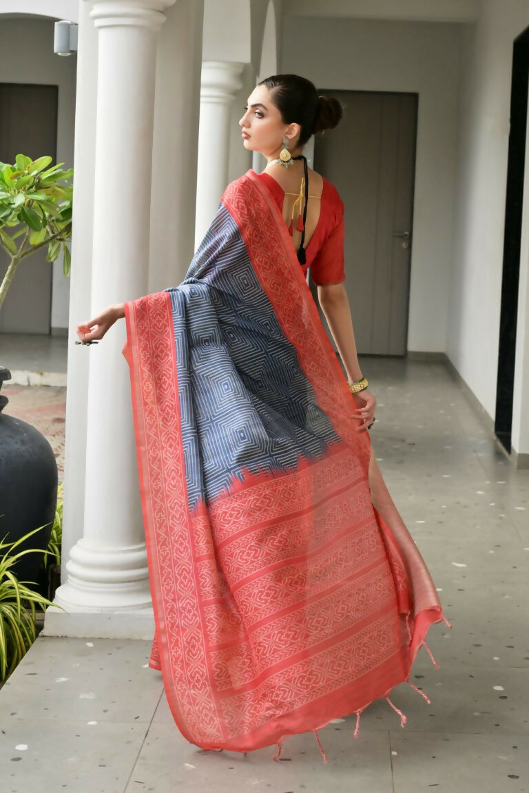 Vishnu Weaves Women's Red Soft Tussar Silk Printed Saree with Blouse - Swadesiicart