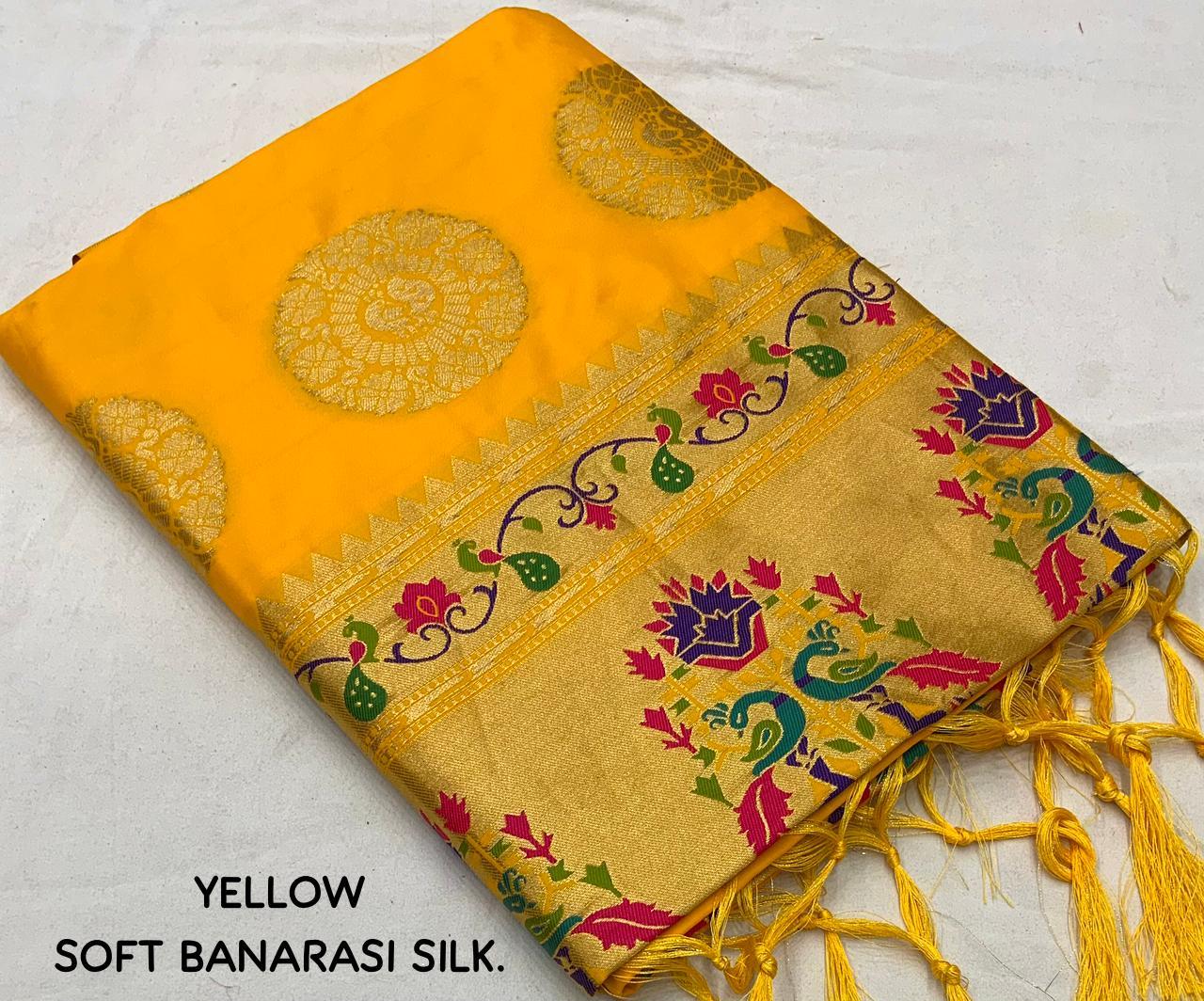 Yellow Pure Silk Woven Design Saree with Unstitched Blouse - Hiral Fashion | Swadesiicart