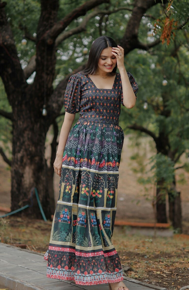 Jyoti Fashion Women's Black Heavy Digital Printed Pure Chanderi Anarkali Dress | Swadesiicart