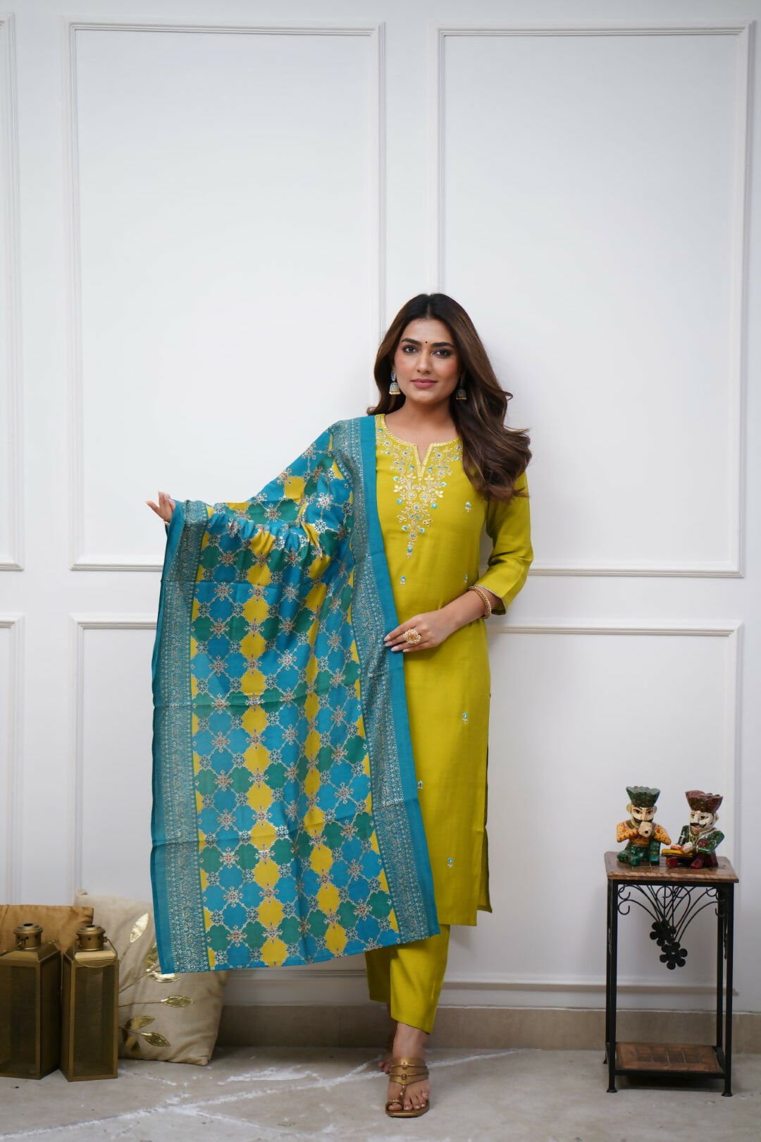 The52 Lemon Beautiful Embroidered Viscose Chanderi Fabric Straight Kurta Pant with Dupatta Set - Swadesiicart