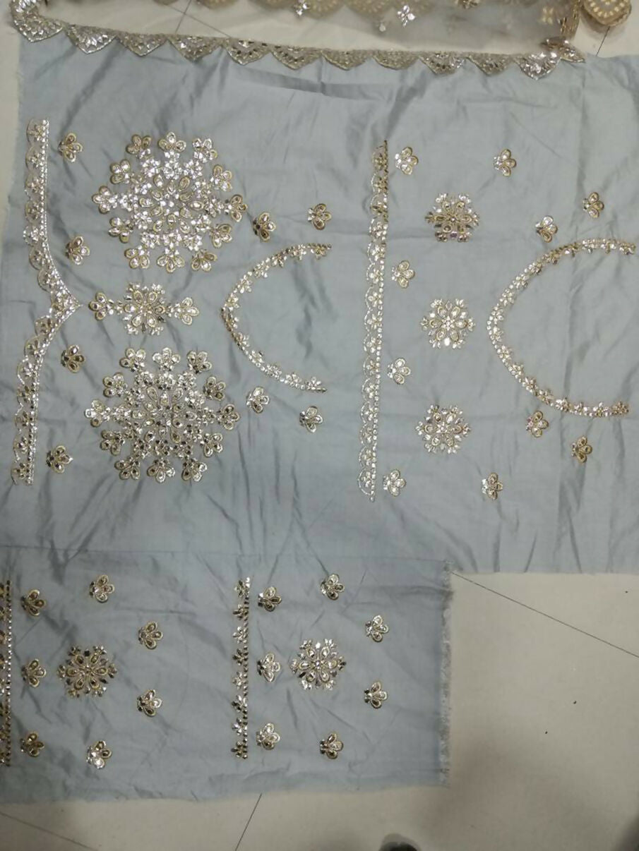 Jyoti Fashion Glamorous Grey Zari With Paper Mirror Embroidered Net Lehenga Choli with Dupatta | Swadesiicart
