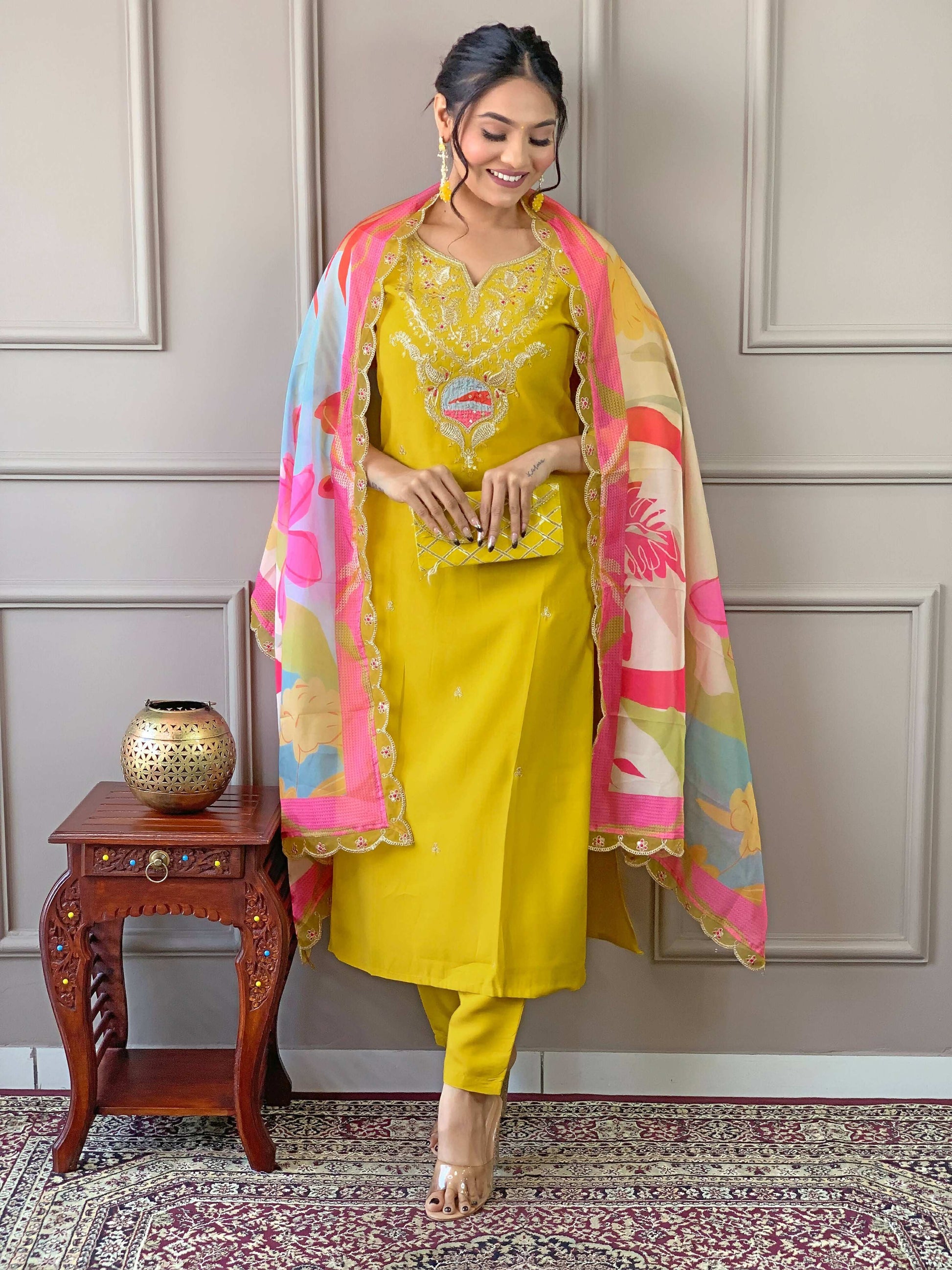 PartywearDesigner Viscose Yellow Stitched Suit With Dupatta - Tanisha | Swadesiicart