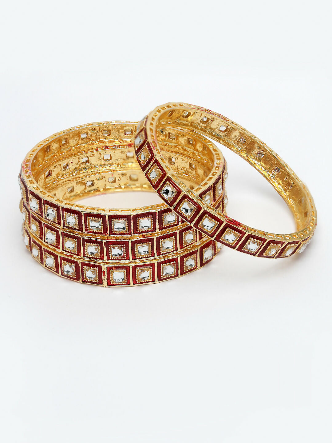 NVR Women's Set Of 4 Gold-Polished Red Kundan-Studded Traditional Bangles - Swadesiicart