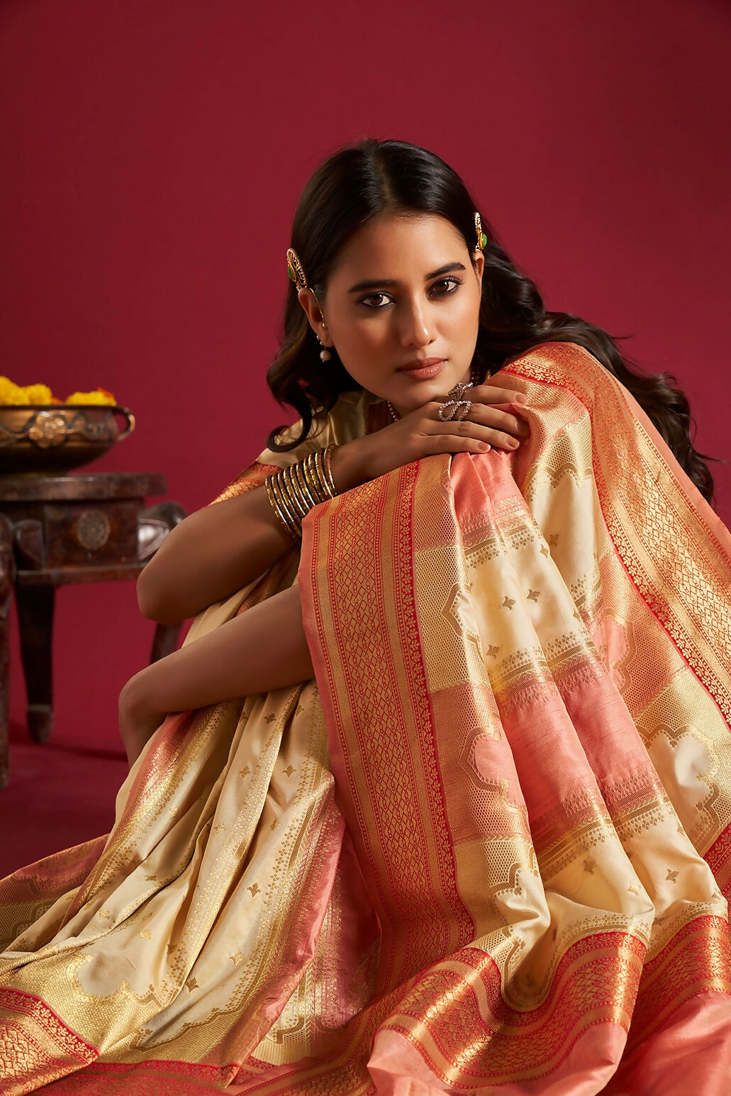 Joban Fashion Cream & Pink Plain With Weaving Border Banarasi Silk Sarees | Swadesiicart