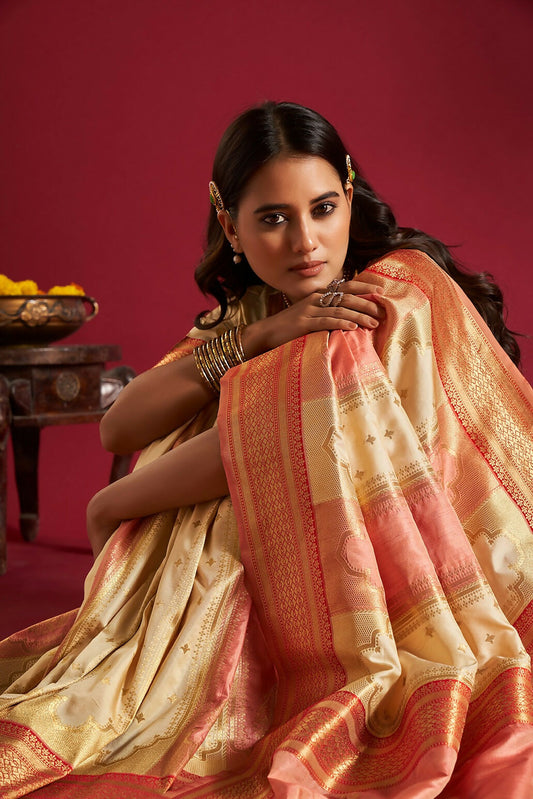 Joban Fashion Cream & Pink Plain With Weaving Border Banarasi Silk Sarees | Swadesiicart