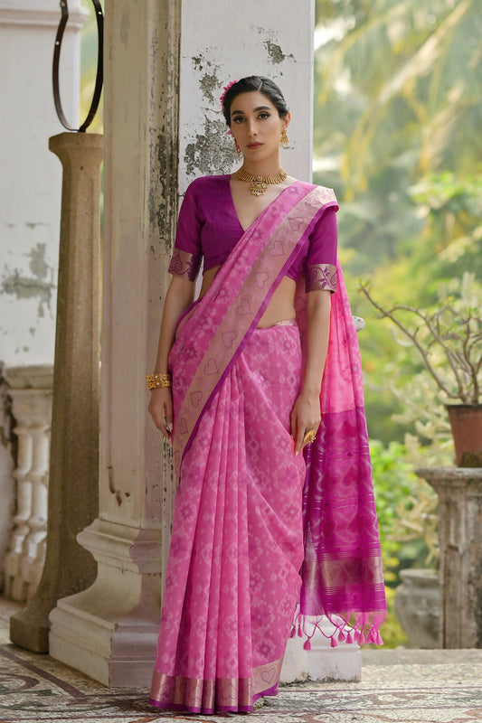 Vishnu Weaves Women's Pink Raw Silk Thread Ikkat Woven Saree with Blouse - Swadesiicart