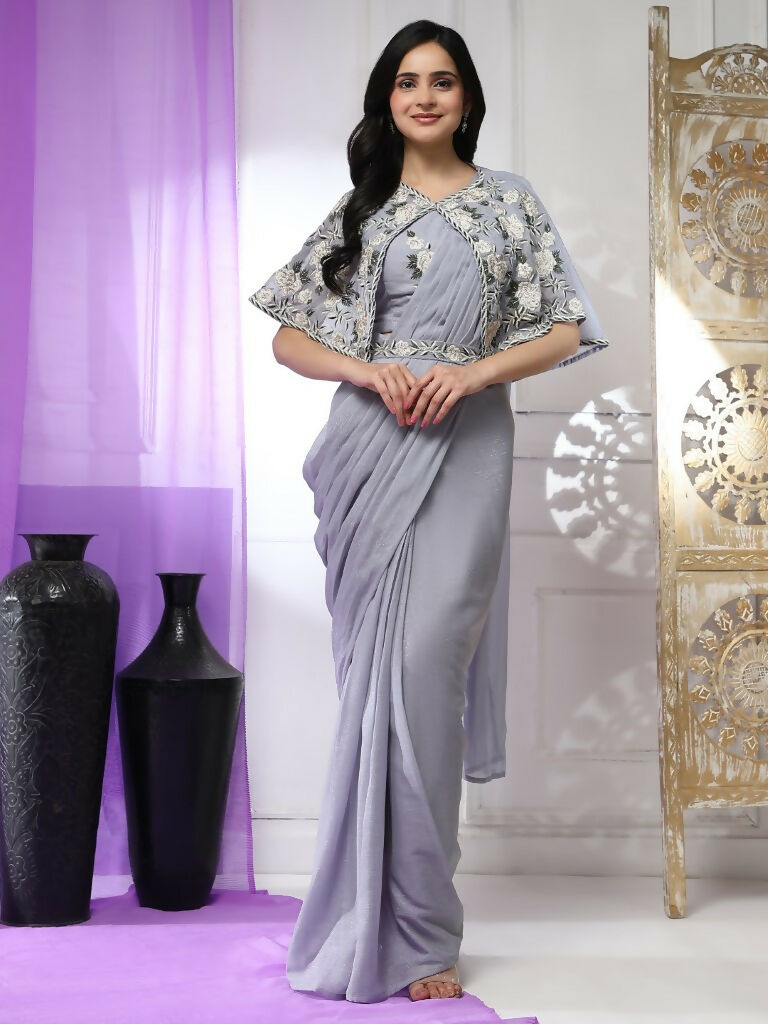 Grey Chiffon Solid Ready to wear Saree with stitched Blouse - Aayan | Swadesiicart