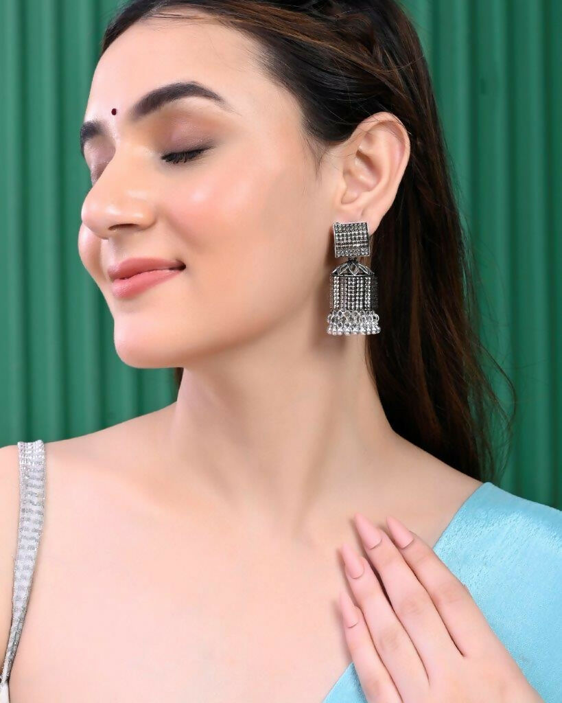 VOJ Black-Toned AD Studded Square Dome Shaped Jhumka Earrings - Swadesiicart