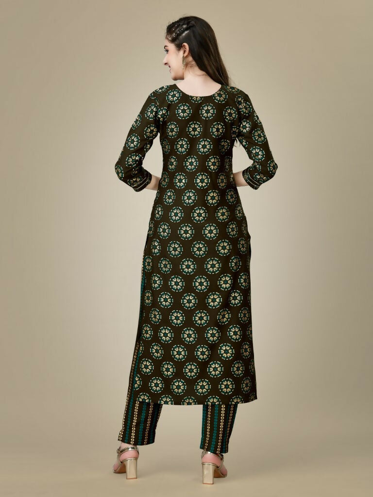 Jyoti Fashion Women's Dark Coffee Rayon Embroidered Kurta Pant Set | Swadesiicart