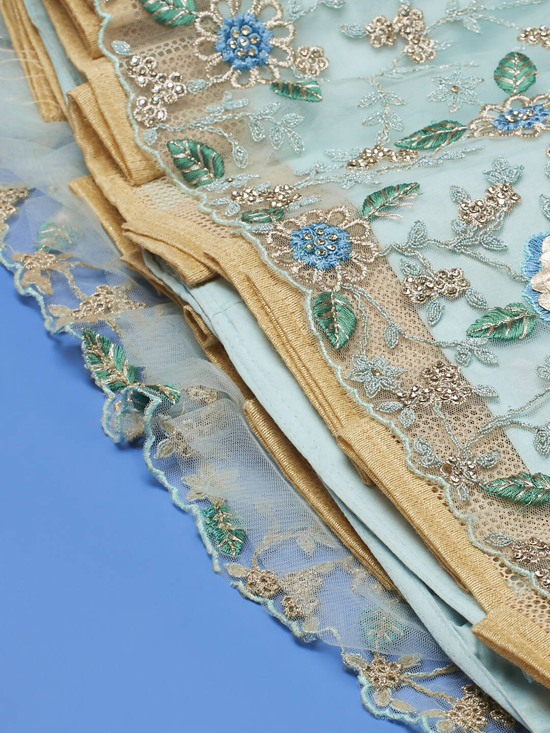 House of Panchhi Turquoise Blue Net Sequinse Work Lehenga & Blouse, Dupatta | Swadesiicart