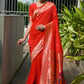 Vishnu Weaves Women's Red Paithani Silk Zari Woven Saree with Blouse - Swadesiicart