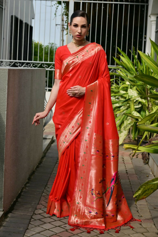 Vishnu Weaves Women's Red Paithani Silk Zari Woven Saree with Blouse - Swadesiicart