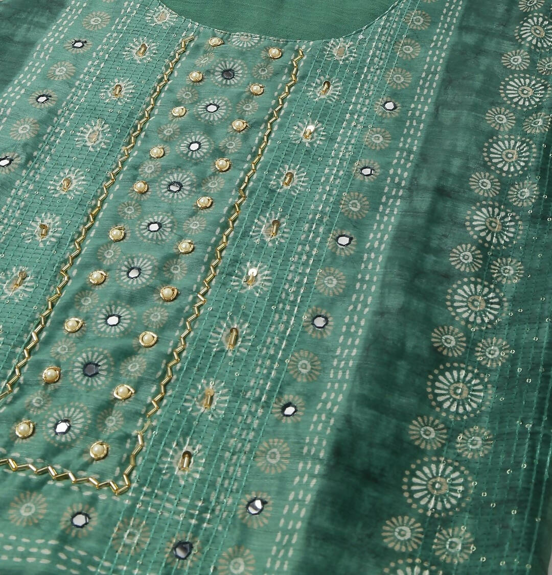 Sea Green Chinon Digital Printed With Hand Work Kurta - Himanshi - Swadesiicart
