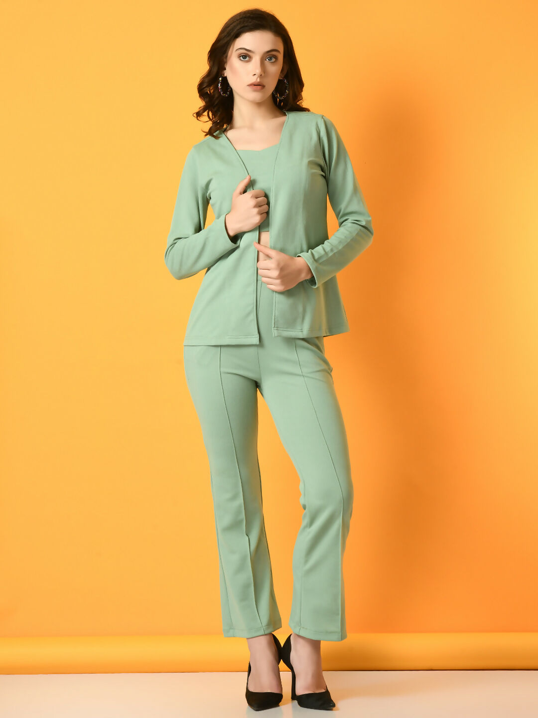 Myshka Women's Green Solid Coat With Trousers - Swadesiicart