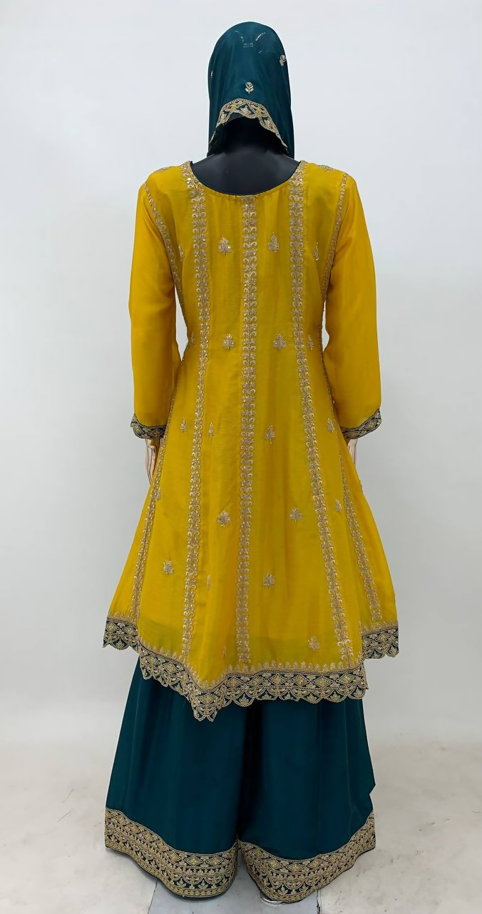 Lorenvalley Fashion Yellow and Rama Chinon Embroidery With Sequince Work Salwar Kameez Stitched | Swadesiicart