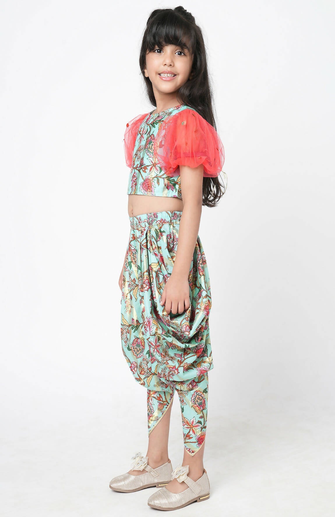 Lil Drama Golden Weaves Blue Crop Top With Dhoti Co-Ordinate Set - Swadesiicart