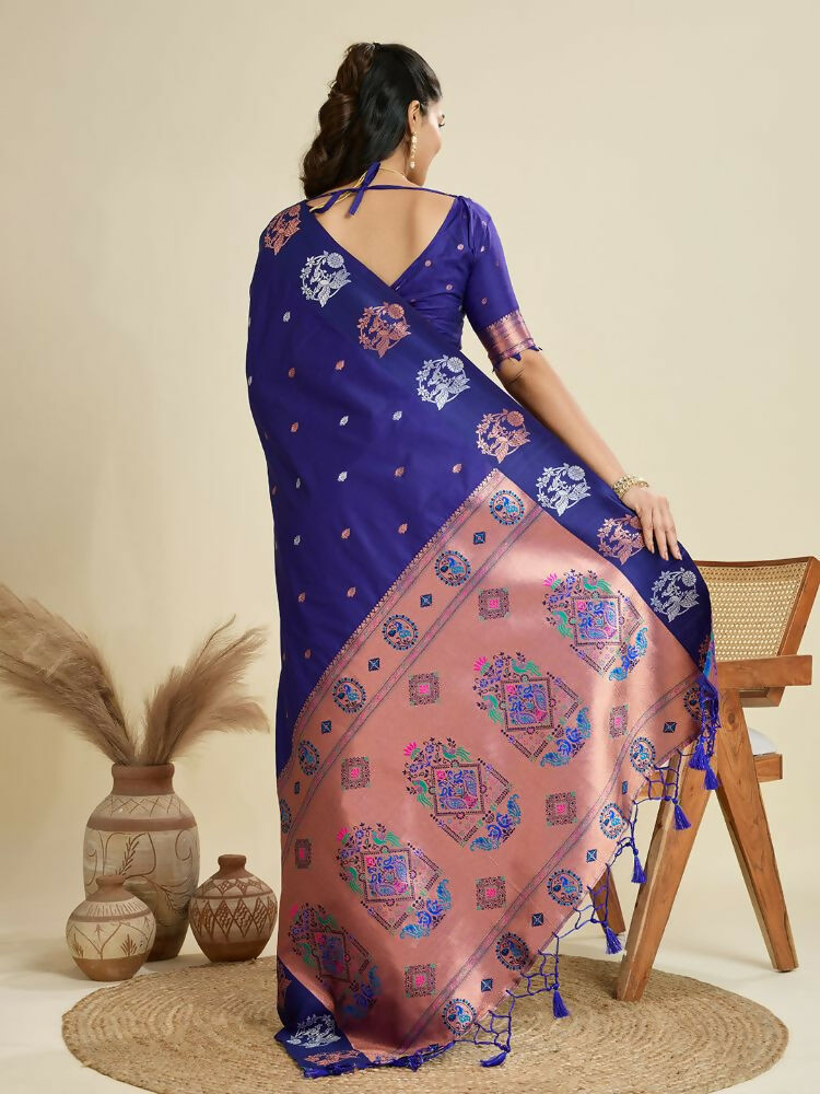 Vishnu Weaves Women's Royal-blue Banarasi Silk Zari Woven Saree with Blouse - Swadesiicart