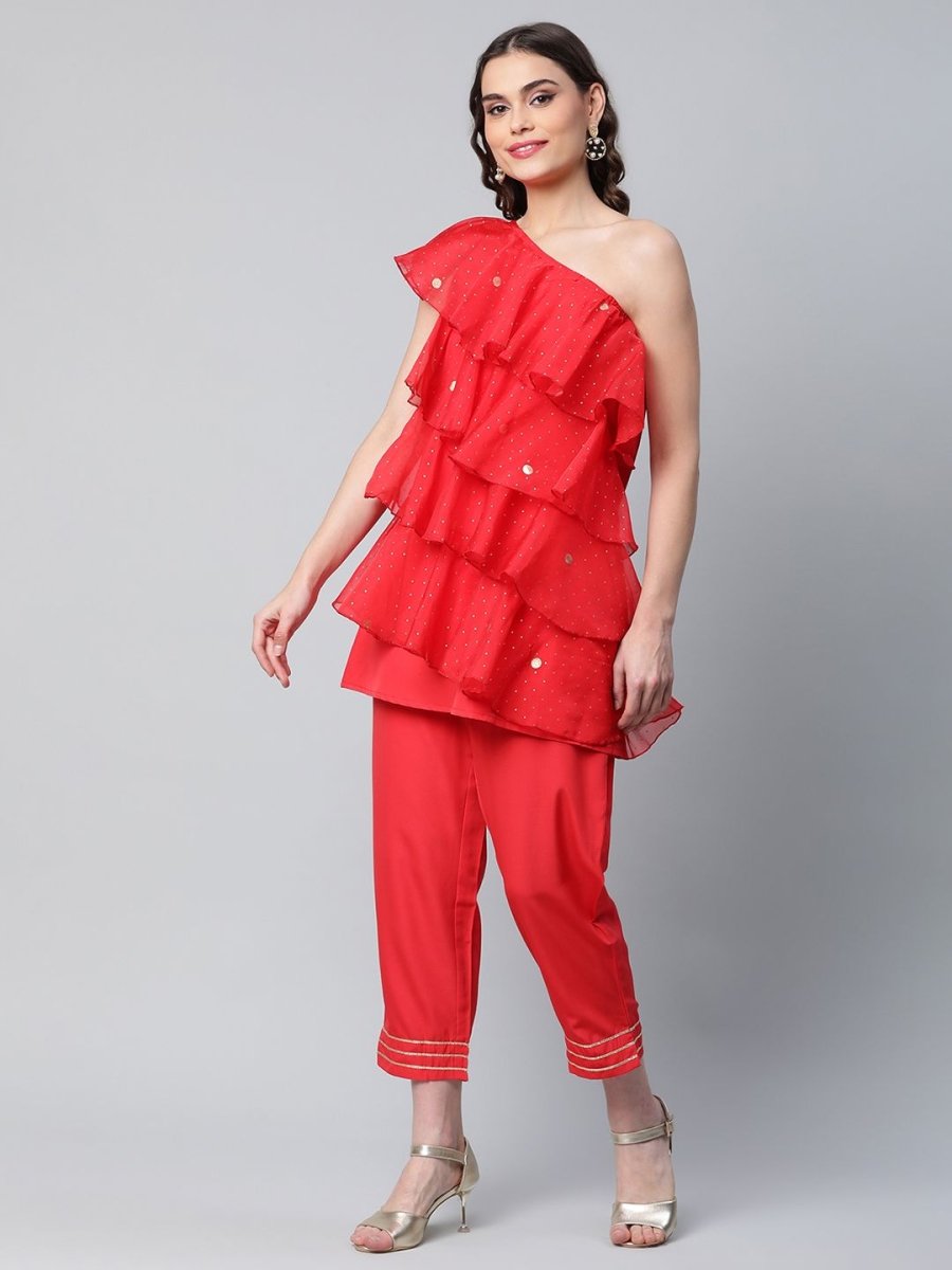 Ahalyaa Women Red Printed Layered Top with Trousers | Swadesiicart