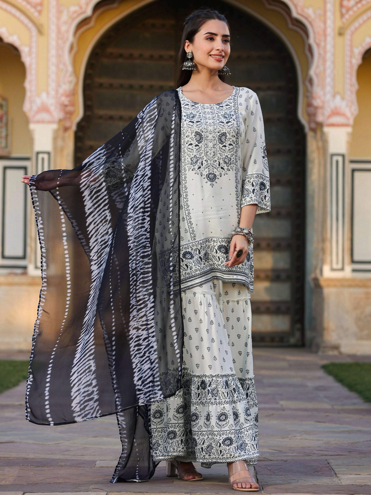 Juniper Women's Off White Rayon Floral Placement Kurta With Sharara And Dupatta Set | Swadesiicart