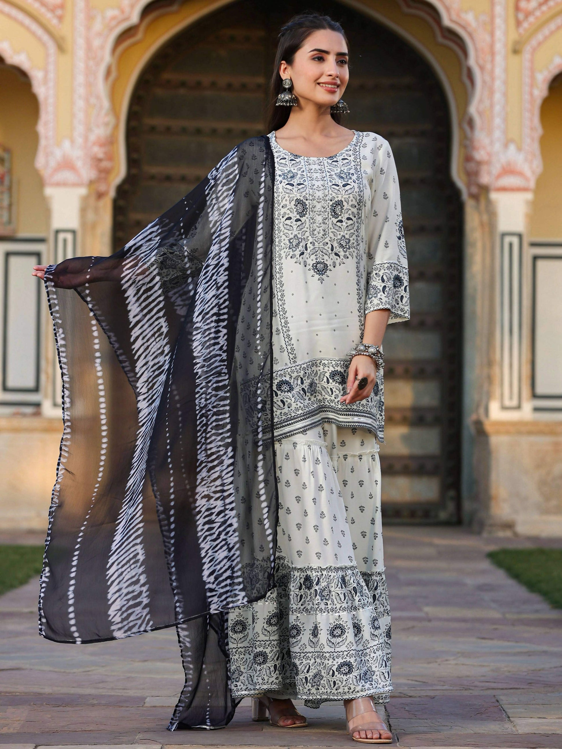 Juniper Women's Off White Rayon Floral Placement Kurta With Sharara And Dupatta Set | Swadesiicart