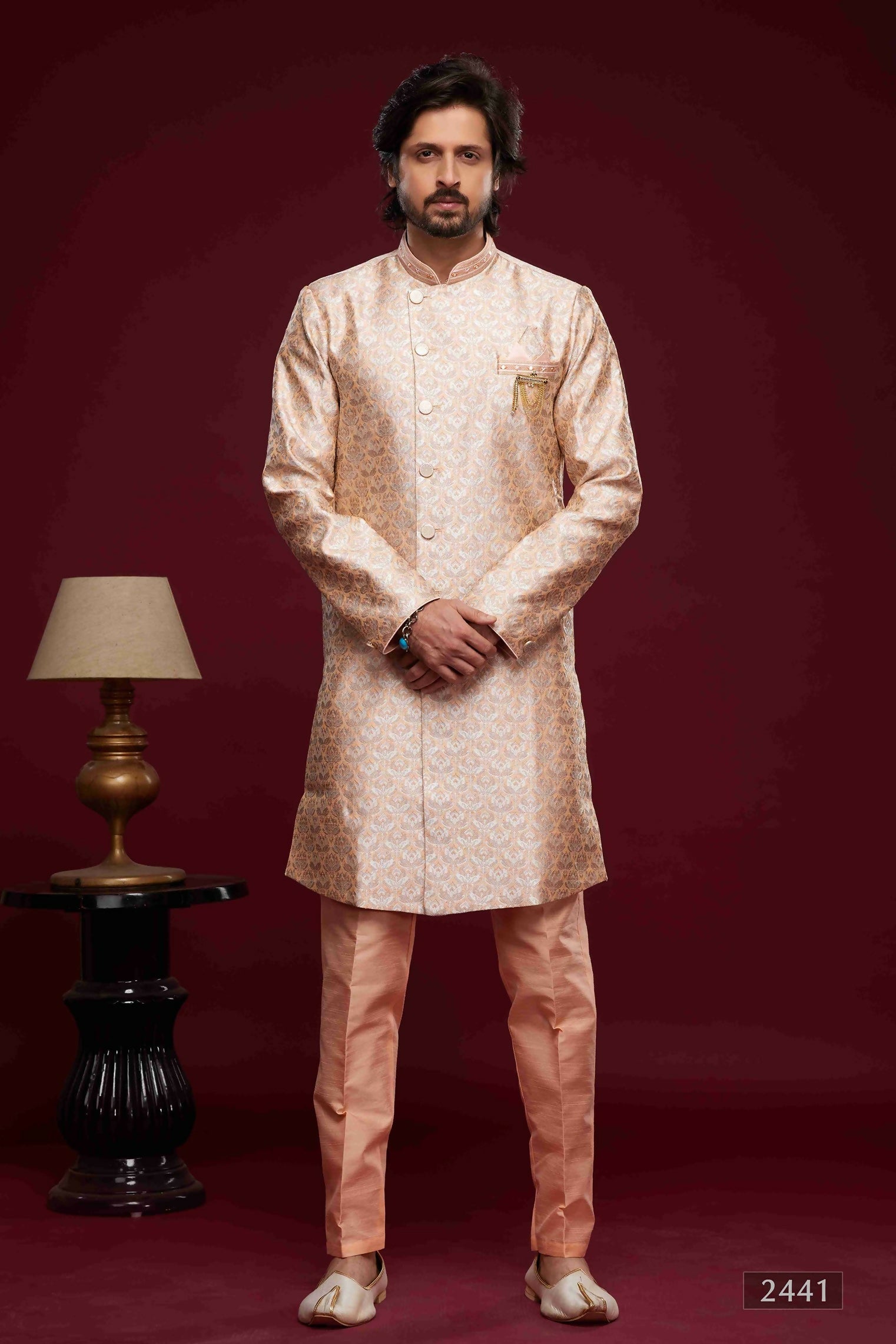 Raivat Ethnic Banarasi Jacquard Embroidery Semi Indo Western Sherwani In Peach Colour | Swadesiicart