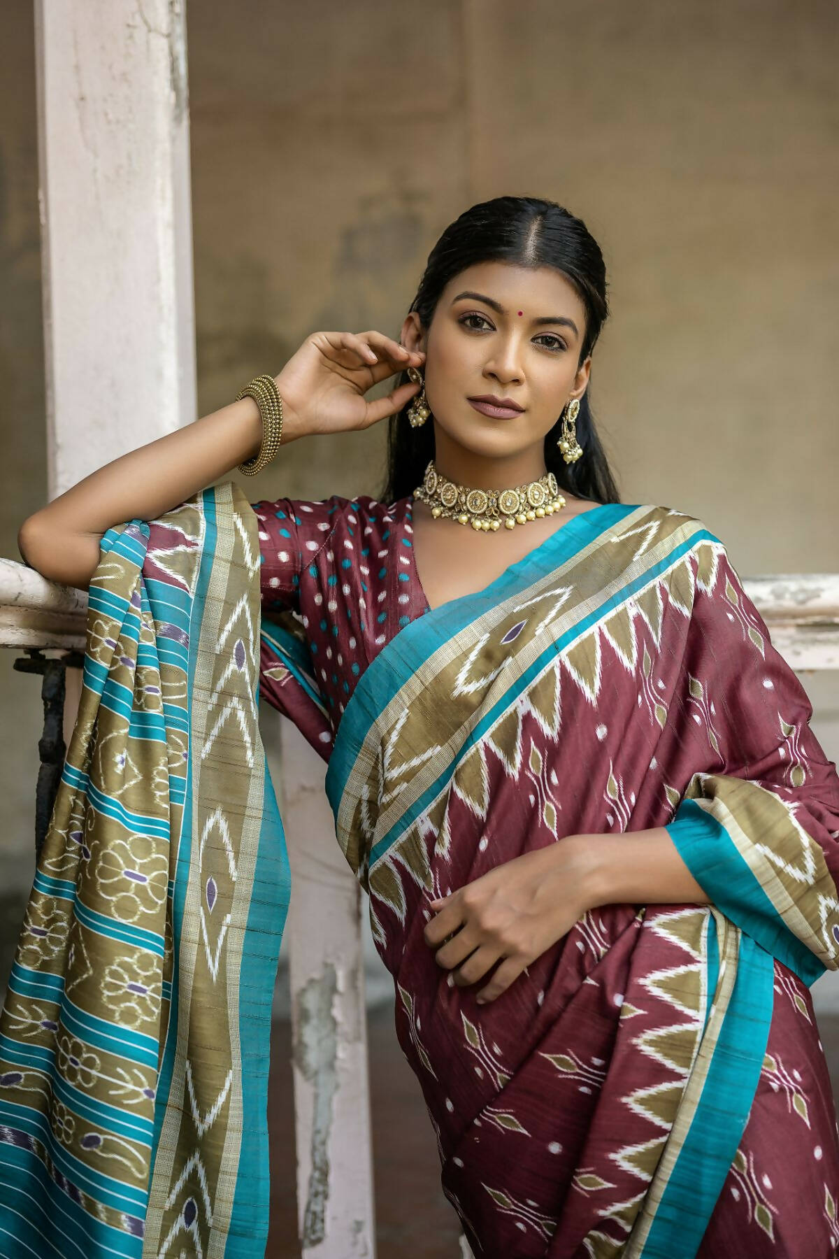 Vishnu Weaves Women's Maroon Cotton Silk Printed Saree with Blouse - Swadesiicart