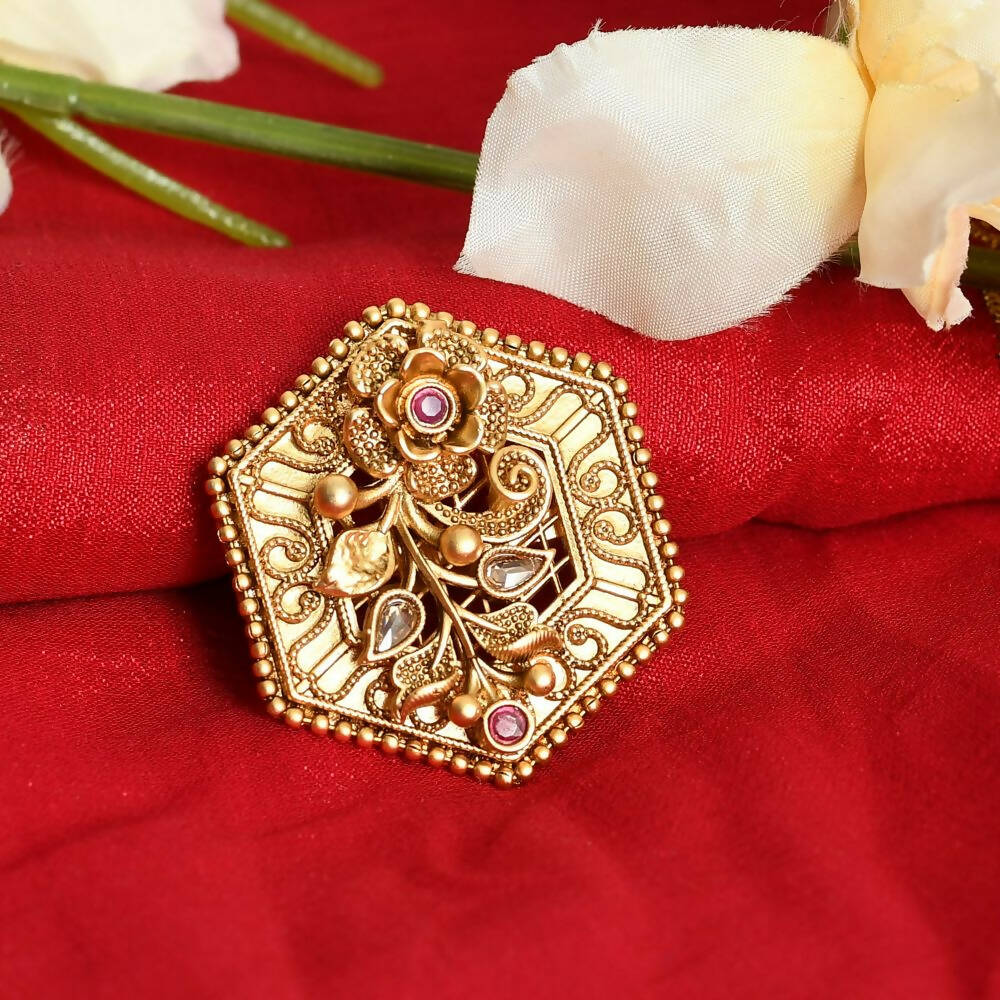 Mominos Fashion Joharkamal Gold-Polished Stone Studded Adjustable Finger Ring - Design 11 | Swadesiicart