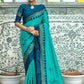 Vishnu Weaves Women's Teal Raw Silk Checks Zari Woven Saree with Unstitched Blouse - Swadesiicart