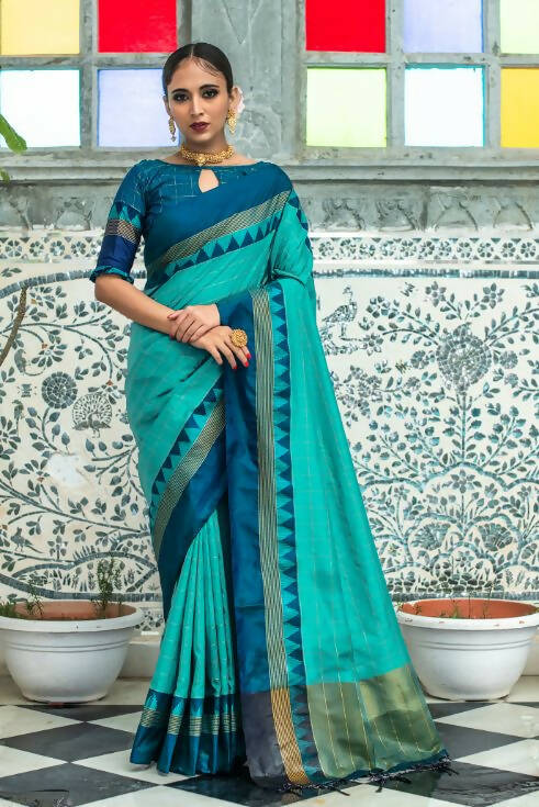 Vishnu Weaves Women's Teal Raw Silk Checks Zari Woven Saree with Unstitched Blouse - Swadesiicart