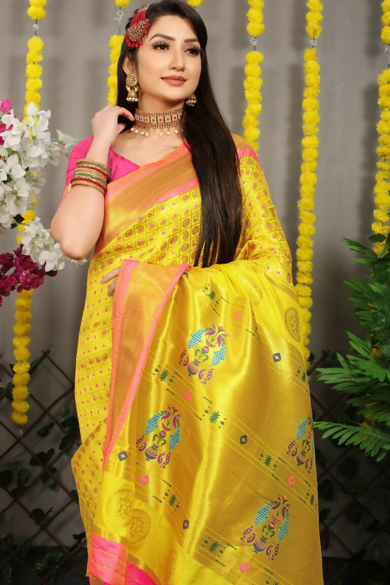 Jyoti Fashion Women's Yellow Banarasi Silk Zari Woven Saree with Blouse | Swadesiicart