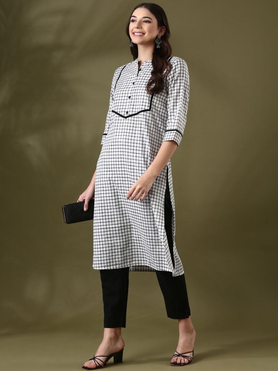 Anouk White Checked Mandarin Collar Pure Cotton Straight Kurta - Swadesiicart