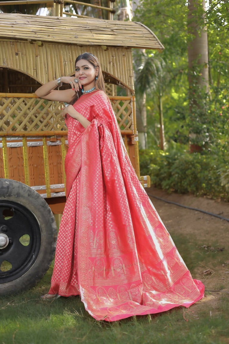 Partywear Designer Peach Banarasi Silk Fancy Saree - Starwalk | Swadesiicart