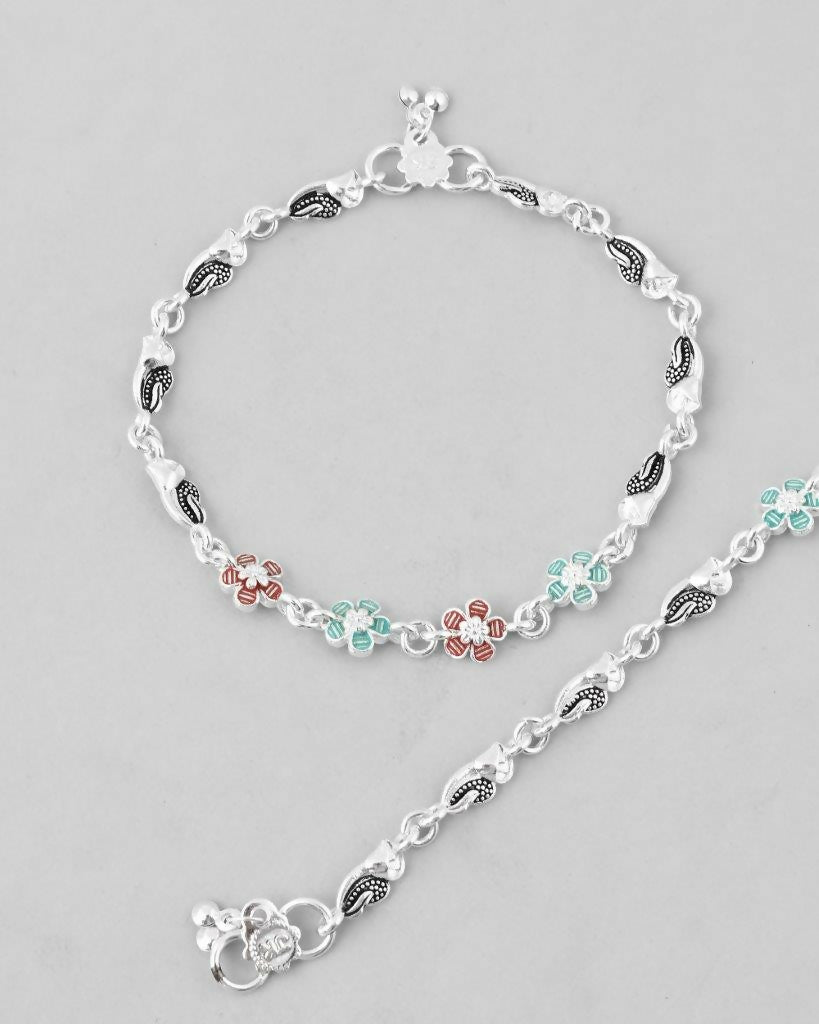 VOJ Set of 2 Stone Studded Mutli Color Flower Shaped Anklet - Swadesiicart