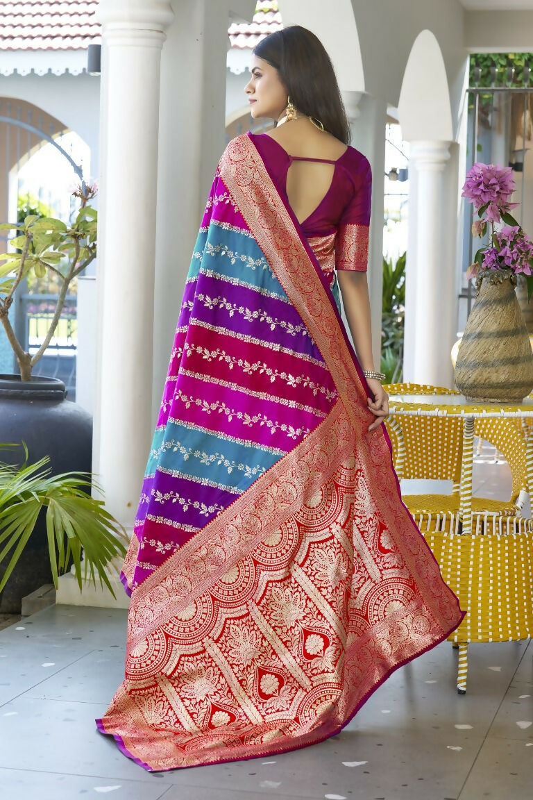 Vishnu Weaves Women's Pink Banarasi Silk Zari Woven Saree with Blouse - Swadesiicart
