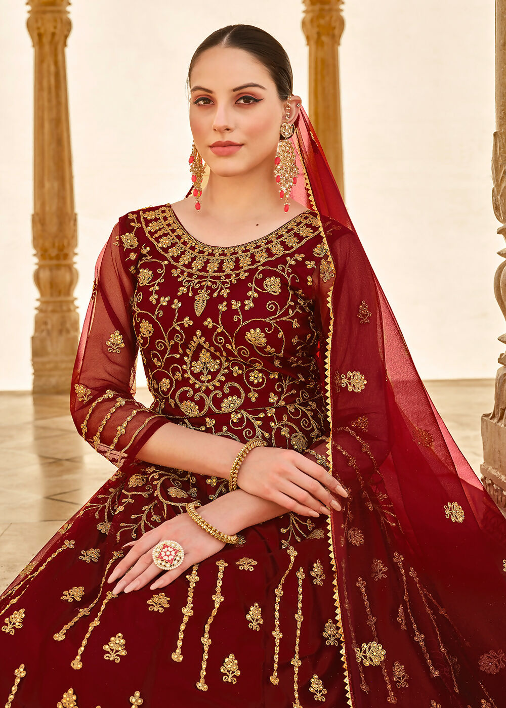 Heavy Stone Embroidered Maroon Designer Anarkali Suit - Emponline | Swadesiicart