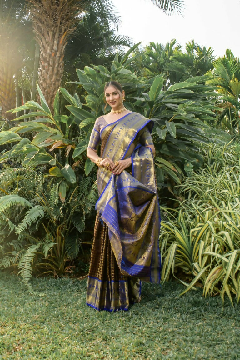 Jyoti Fashion Women's Coffee Kanjivaram Silk Zari Woven Saree with Blouse | Swadesiicart