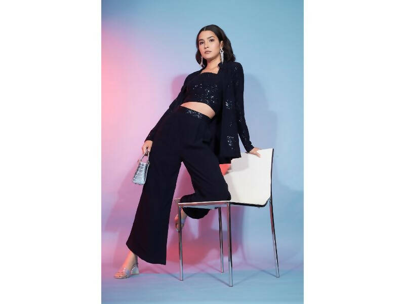 Navy Georgette Sequence With Thread Designer Co-Ord Set - Flory - Swadesiicart