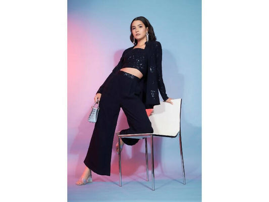 Navy Georgette Sequence With Thread Designer Co-Ord Set - Flory - Swadesiicart