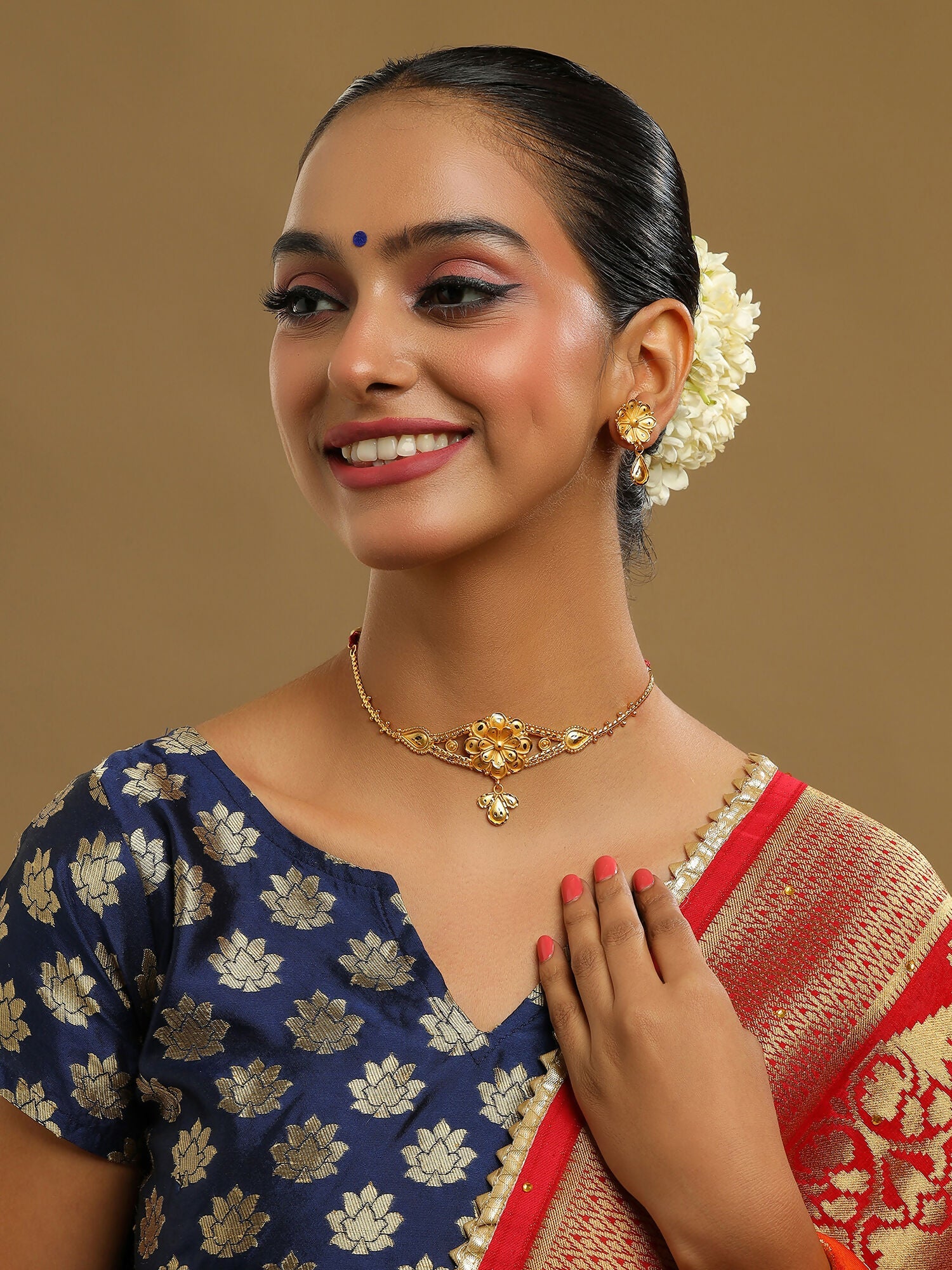 Ruby Raang Golden Traditional Choker with Studs | Swadesiicart
